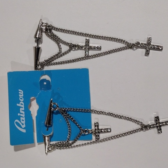 Silver-tone Layered Chain Sparkling Crosses Drop Earrings 3.5-in Women's Jewelry - Picture 5 of 6